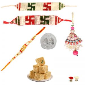 Soan Papdi and Swastik Bands with Silver Plated Coin