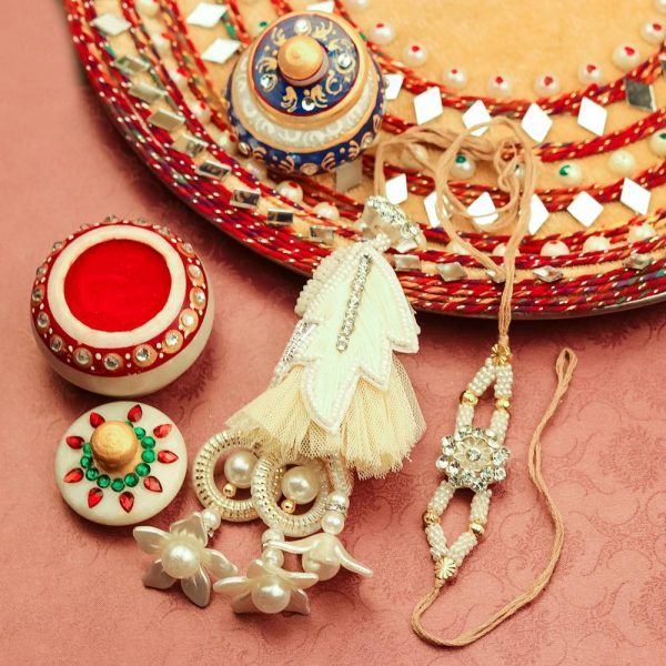 Elegant White Pearl and Beads Bhaiya Bhabhi Rakhi