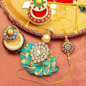 Blue Yellow Diamond and Pearl Bhaiya Bhabhi Rakhi