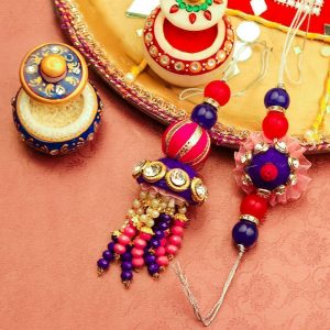 Pink  Blue Beads with Pearl Bhaiya Bhabhi Rakhi