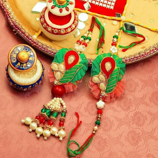 Red and Green Zari with Pearls Bhaiya Bhabhi Rakhi