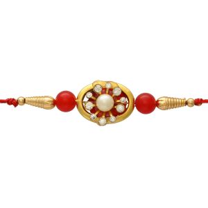 Golden Red Pearl with Diamond Bhaiya Bhabhi Rakhi