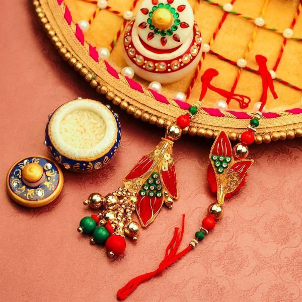 Fine Golden Red Zari Work with Beads Bhaiya Bhabhi Rakhi