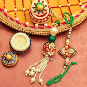 Golden Beads and Zari Work with Mirror Bhaiya Bhabhi Rakhi