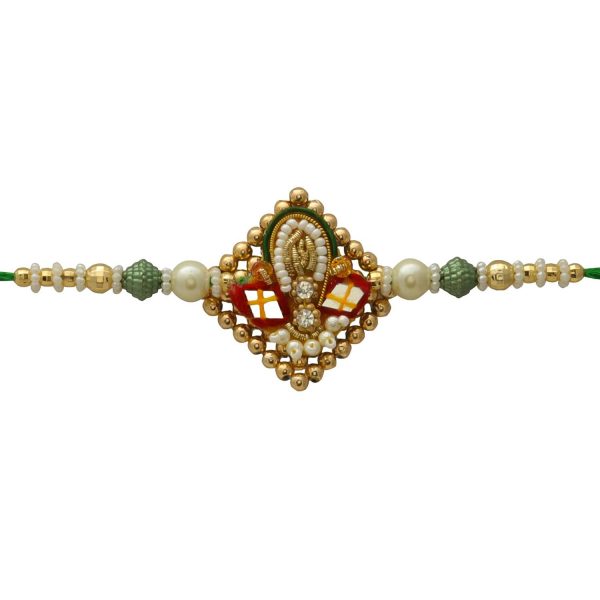 Golden Beads and Zari Work with Mirror Bhaiya Bhabhi Rakhi