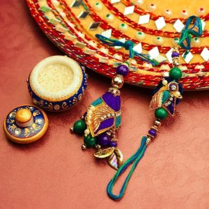 Blue and Green Beads and Zari Bhaiya Bhabhi Rakhi