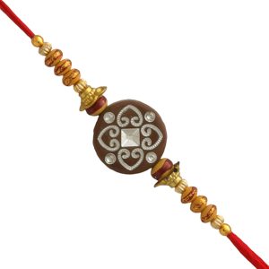 Traditional Sandalwood with Golden Beads Fancy Rakhi