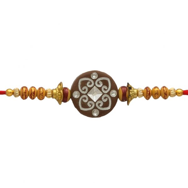 Traditional Sandalwood with Golden Beads Fancy Rakhi