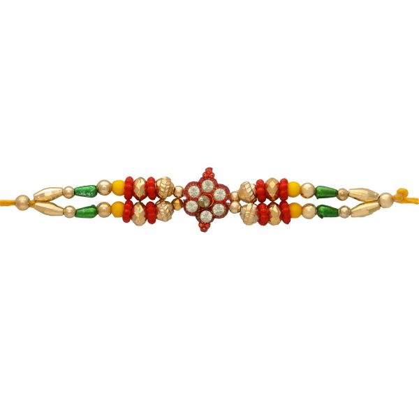 Golden and Red Beads with Diamonds Fancy Rakhi